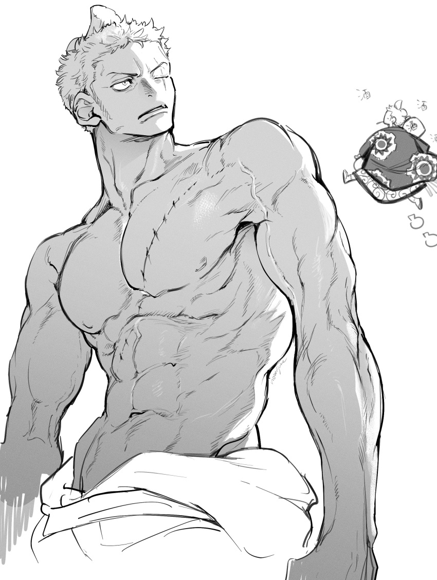 1boy abs absurdres bara doodle_inset frown greyscale highres large_pectorals long_sideburns looking_to_the_side male_focus monochrome muscular muscular_male nipples nowosuke one_piece pectorals roronoa_zoro scar scar_across_eye short_hair shredded_muscles sideburns solo stomach v-taper veins veiny_arms