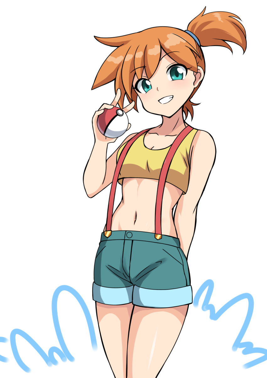 1girl breasts cleavage collarbone commentary_request green_eyes green_shorts grin hand_up head_tilt highres holding holding_poke_ball midriff misty_(pokemon) navel orange_hair poke_ball poke_ball_(basic) pokemon pokemon_(anime) pokemon_(classic_anime) shiny_skin shirt short_shorts shorts side_ponytail sleeveless sleeveless_shirt smile solo suspenders teeth white_background yellow_shirt zetsuei_(zetto)