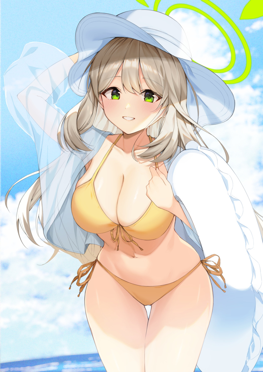 1girl bikini blue_archive blue_sky breasts cleavage cloud cloudy_sky collarbone commentary day front-tie_bikini_top front-tie_top green_eyes halo hand_on_headwear hat highres holding holding_innertube horizon innertube jacket large_breasts light_brown_hair long_hair long_sleeves looking_at_viewer misononasubi navel nonomi_(blue_archive) nonomi_(swimsuit)_(blue_archive) ocean official_alternate_costume outdoors parted_lips see-through see-through_jacket side-tie_bikini_bottom sky smile solo stomach sun_hat swimsuit thigh_gap white_headwear yellow_bikini