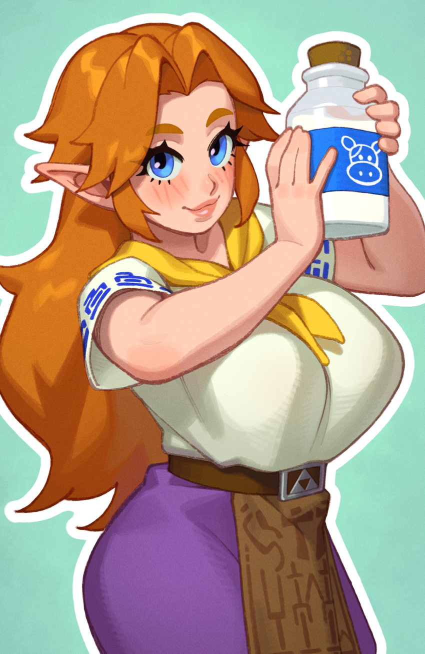 1girl alternate_breast_size blue_eyes blush bottle breasts brown_hair english_commentary highres huge_breasts long_hair malon milk milk_bottle pointy_ears riz smile solo the_legend_of_zelda the_legend_of_zelda:_ocarina_of_time