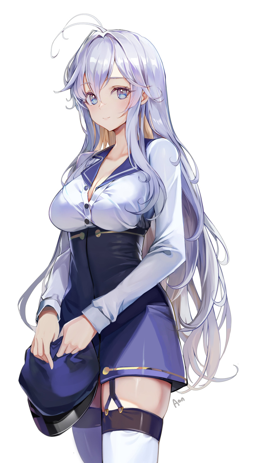86_-eightysix- a_(sofi3103) absurdres blue_eyes breasts commentary_request grey_eyes grey_hair hat high-waist_skirt highres holding holding_clothes holding_hat korean_commentary large_breasts long_hair long_sleeves looking_at_viewer partially_unbuttoned shirt skirt smile solo thighhighs very_long_hair vladilena_millize white_background white_hair zettai_ryouiki