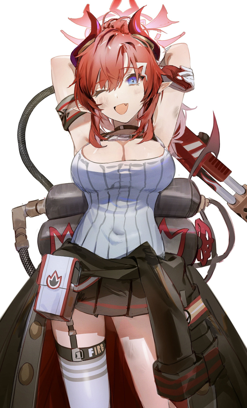 1girl absurdres armband arms_behind_back arms_up black_skirt blue_archive blue_eyes blush breasts choker cleavage clothes_around_waist covered_navel fang feet_out_of_frame flamethrower flatshi garter_straps gloves hair_ornament halo highres holding holding_weapon horns large_breasts medium_hair megu_(blue_archive) miniskirt one_eye_closed open_mouth pointy_ears ponytail pouch propane_tank red_hair shirt sidelocks simple_background single_thighhigh skirt smile solo standing tail tank_top thighhighs weapon white_background white_shirt white_thighhighs