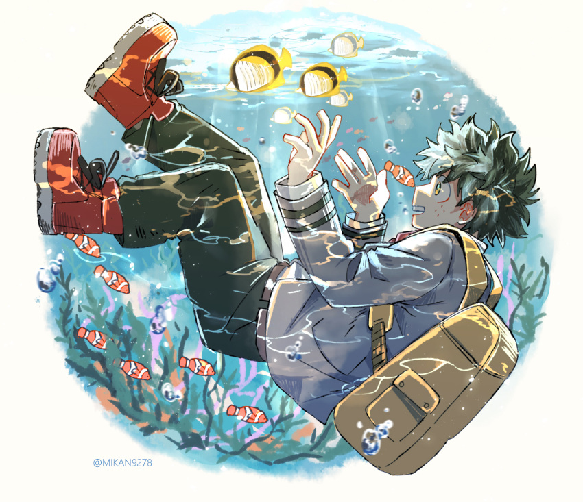 1boy air_bubble backpack bag belt blazer boku_no_hero_academia brown_belt bubble butterflyfish caustics circle clownfish commentary coral cross-laced_footwear double_horizontal_stripe fish freckles from_side full_body green_eyes green_hair green_pants green_pupils hands_up happy highres jacket legs_up light long_sleeves looking_at_animal midoriya_izuku mikan_(artist) necktie open_hands open_mouth outside_border pants profile red_footwear red_necktie school_uniform short_hair smile solo teeth twitter_username u.a._school_uniform underwater upper_teeth_only water white_background yellow_bag