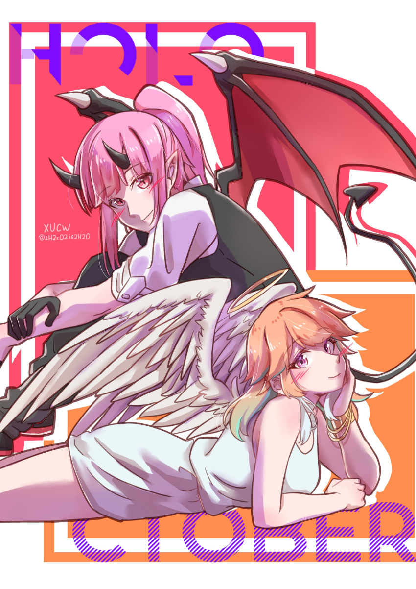 2girls absurdres alternate_costume angel angel_and_devil angel_wings black_horns black_wings blush breasts contrast demon demon_girl demon_horns demon_tail demon_wings earrings feather_earrings feathered_wings feathers halo highres hololive hololive_english horns jewelry long_hair looking_at_viewer mori_calliope multicolored_hair multiple_girls orange_hair pink_hair pointy_ears purple_eyes red_eyes smile tail takanashi_kiara virtual_youtuber white_wings wings xu_chin-wen