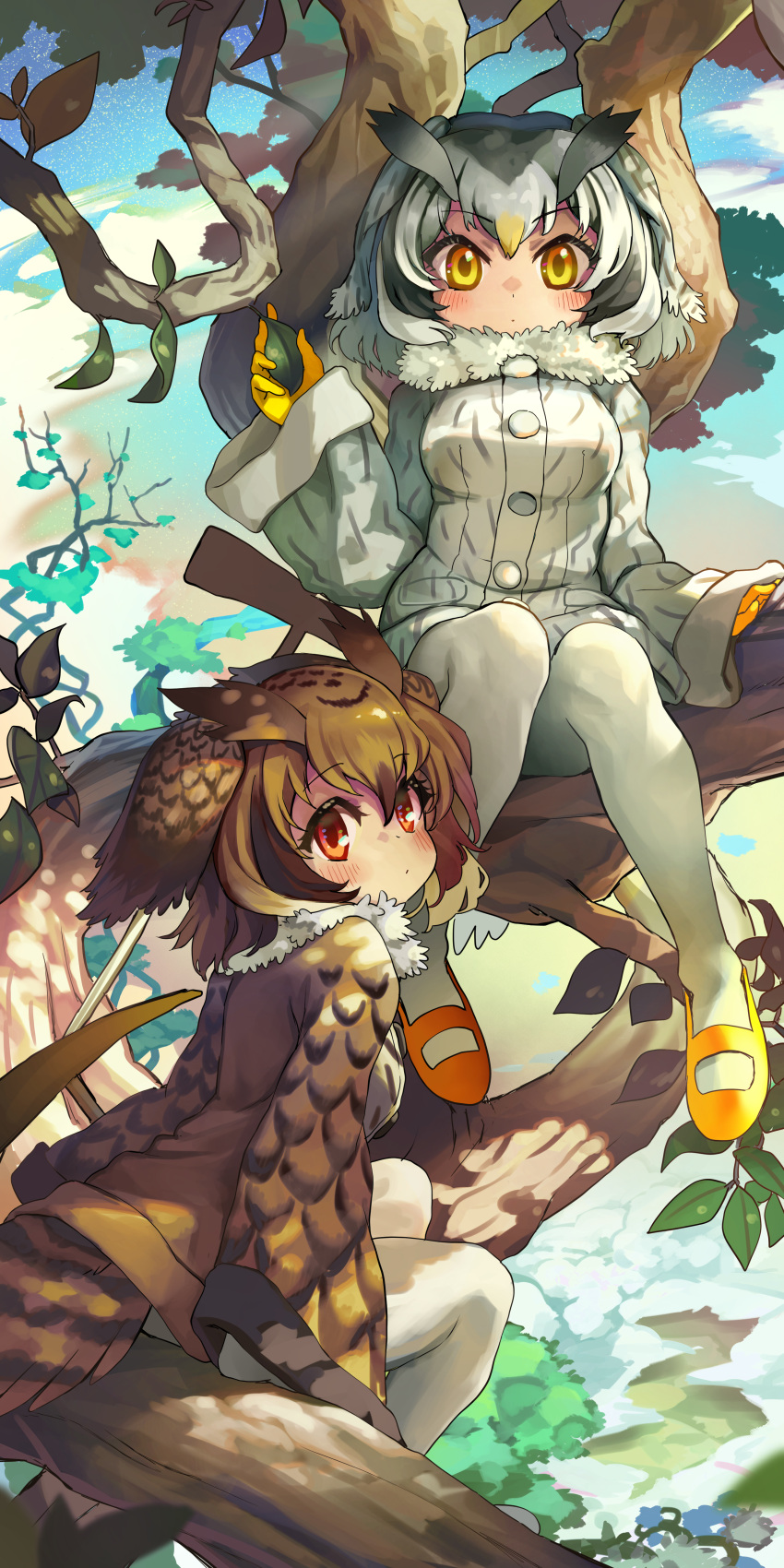 2girls absurdres bird_girl bird_tail bird_wings blonde_hair blush brown_coat brown_hair coat eurasian_eagle_owl_(kemono_friends) gloves grey_hair hair_between_eyes head_wings highres kemono_friends long_sleeves looking_at_viewer mary_janes melaton multicolored_hair multiple_girls northern_white-faced_owl_(kemono_friends) orange_eyes owl_ears owl_girl pantyhose shoes short_hair sidelocks sitting tail tree white_coat white_hair white_pantyhose wings winter_clothes winter_coat yellow_eyes yellow_footwear yellow_gloves