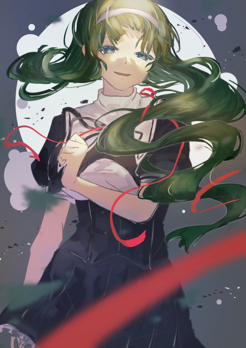 1girl absurdres aqua_eyes arm_at_side assault_lily black_ribbon black_skirt blurry blurry_foreground breasts cowboy_shot cropped_jacket debris floating_hair frilled_skirt frills gradient_background green_hair grey_background hair_down hairband hand_up hasebe_touka highres holding holding_ribbon jiropi long_hair looking_at_viewer medium_breasts miniskirt neck_ribbon parted_lips puffy_short_sleeves puffy_sleeves red_ribbon ribbon school_uniform shirt short_sleeves skirt smile solo standing underbust very_long_hair white_hairband white_shirt yurigaoka_girls_academy_school_uniform