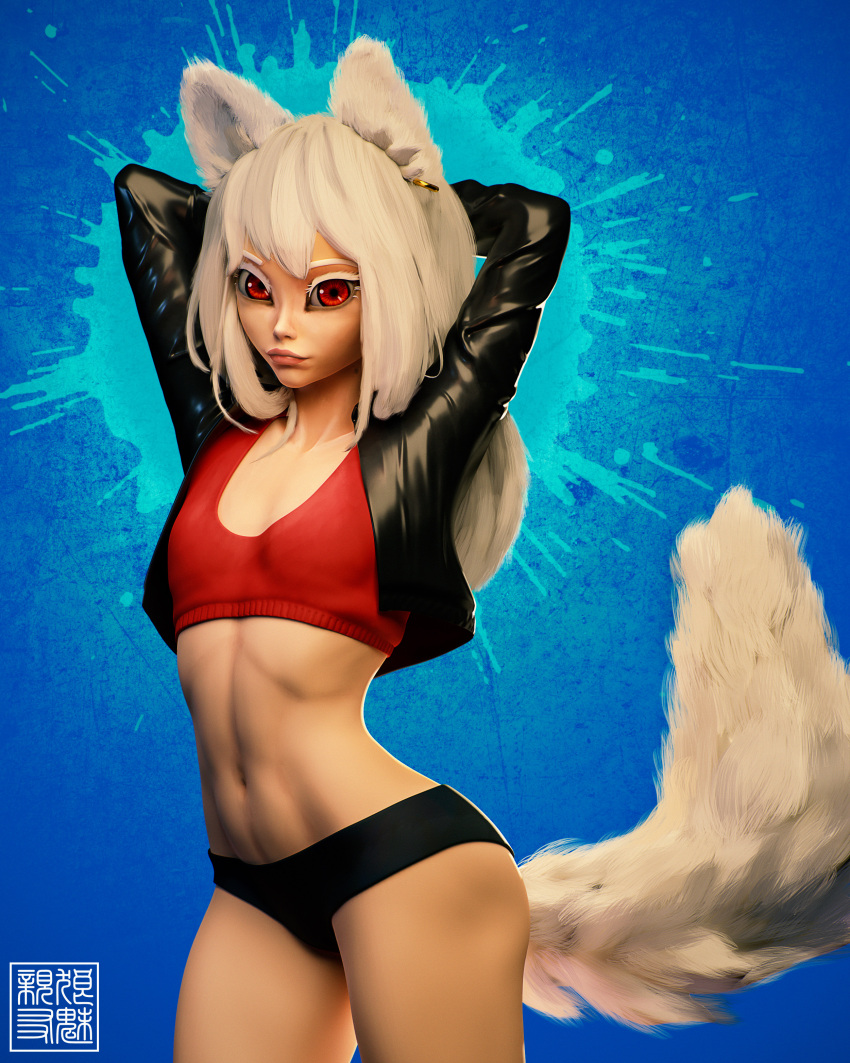 absurd_res arms_above_head blender_(software) bra canid canine clothing ear_piercing fur gradient_background hair hi_res inner_ear_fluff jacket leather leather_clothing leather_jacket leather_topwear mammal panties piercing portrait red_eyes scent_gland shinyuu shinyuu_(character) simple_background sports_bra topwear tuft underwear were werecanid werecanine werewolf white_body white_fur white_hair