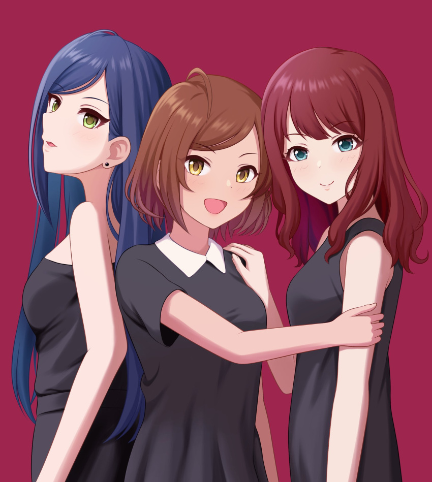 3girls ahoge back-to-back black_dress blue_eyes blue_hair blush breasts brown_hair commentary contamination_(contami0813) dot_nose dress earrings green_eyes hand_on_another's_shoulder highres idolmaster idolmaster_cinderella_girls im_yujin jewelry juney long_hair looking_at_viewer medium_breasts medium_hair multiple_girls open_mouth parted_lips red_background red_hair ryoo_haena sidelocks simple_background sleeveless sleeveless_dress smile strapless strapless_dress yellow_eyes