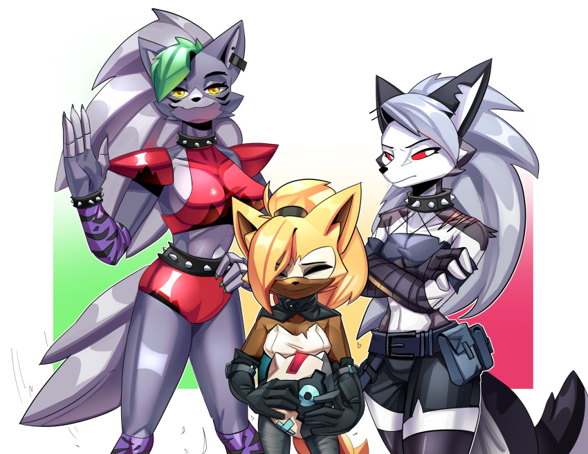 2023 absurd_res anthro belt blonde_hair bottomwear bracelet breasts canid canid_demon canine canis clothing collar crop_top crossed_arms demon ear_piercing ear_ring eyebrows eyelashes eyes_closed facial_markings female five_nights_at_freddy's five_nights_at_freddy's:_security_breach fur glistening gloves green_highlights grey_body grey_fur group hair handwear head_markings hellhound helluva_boss hi_res highlights_(coloring) hotpants idw_publishing jewelry long_hair looking_at_viewer loona_(helluva_boss) mammal markings mask mask_(marking) midriff miscuitsxd notched_ear piercing ponytail red_sclera ring_piercing roxanne_wolf_(fnaf) scottgames sega shirt shorts shoulder_tuft sliver_hair smile sonic_the_hedgehog_(comics) sonic_the_hedgehog_(idw) sonic_the_hedgehog_(series) spiked_bracelet spiked_collar spikes steel_wool_studios taller_female topwear trio tuft whisper_the_wolf white_body white_fur wolf yellow_eyes
