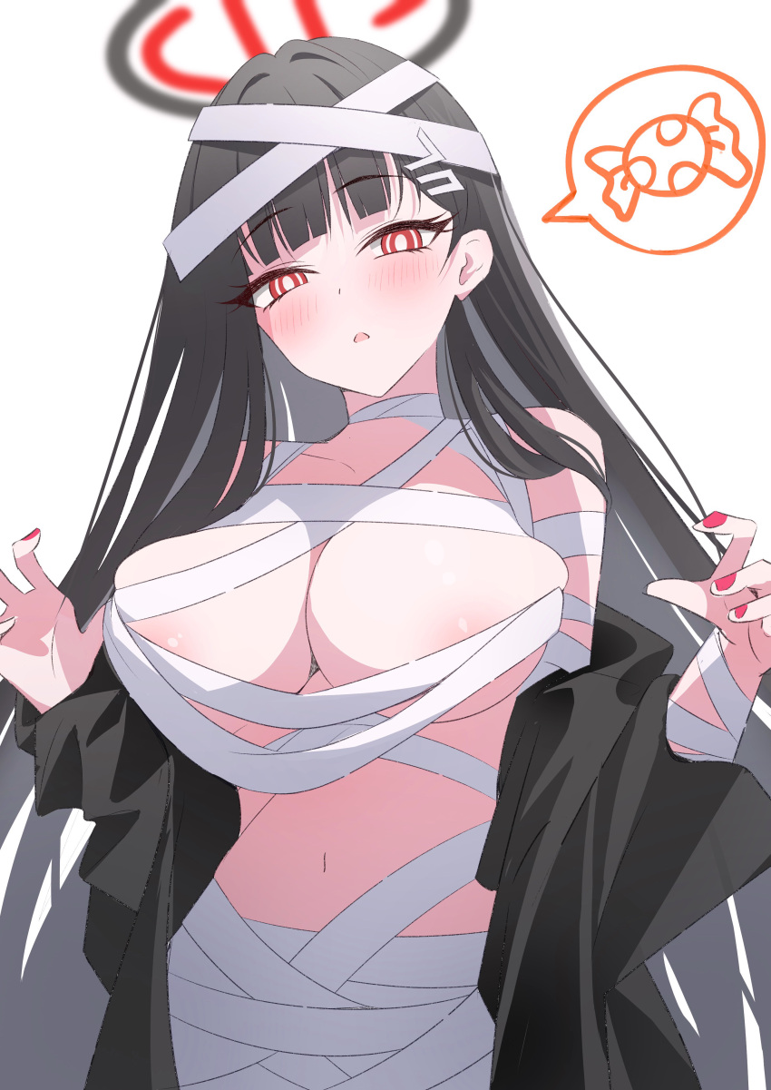 1girl absurdres areola_slip bad_anatomy bad_hands bandages black_hair blue_archive blush breasts bright_pupils collarbone hair_ornament hairpin halloween halloween_costume halo highres large_breasts long_hair looking_at_viewer mummy_costume nano_(blueoekaki) navel open_mouth red_eyes rio_(blue_archive) simple_background solo spoken_food white_background white_pupils