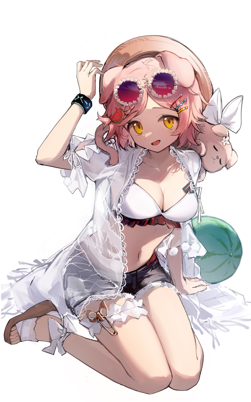 1girl absurdres animal_on_shoulder arknights arm_up black_shorts bra breasts bridal_garter brown_headwear cat cat_girl cat_on_shoulder cleavage commentary_request eyewear_on_head floppy_ears flower-shaped_eyewear food food-themed_hair_ornament fruit full_body goldenglow_(arknights) goldenglow_(summer_flowers)_(arknights) hair_ornament hairclip highres infection_monitor_(arknights) looking_at_viewer maochibuqihuyu melon_hair_ornament navel official_alternate_costume open_clothes open_mouth open_shirt orange_eyes parted_bangs pink_cat pink_hair purple-tinted_eyewear sandals scottish_fold see-through see-through_shirt short_hair short_sleeves shorts simple_background sitting solo sunglasses tinted_eyewear underwear wariza watermelon watermelon_hair_ornament watermelon_slice white_background white_bra