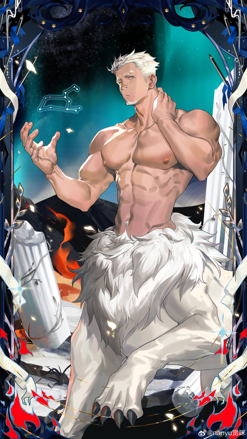 1boy :/ abs absurdres alter_servant alternate_hair_color bara beast_servant biceps centaur column constellation constellation_request destroyed eyebrow_cut facial_hair fate/grand_order fate_(series) fire frown goatee gradient_sky hand_on_own_neck hand_up highres large_pectorals light_particles looking_at_viewer male_focus mature_male monsterification muscular muscular_male nanyu1998 napoleon_bonaparte_(fate) navel navel_hair nipples no_scar nude pectorals pillar ruins servant_card_(fate/grand_order) short_hair sideburns sky solo stairs taur temple_of_time tentacles thick_eyebrows v-taper white_fur white_hair yellow_eyes