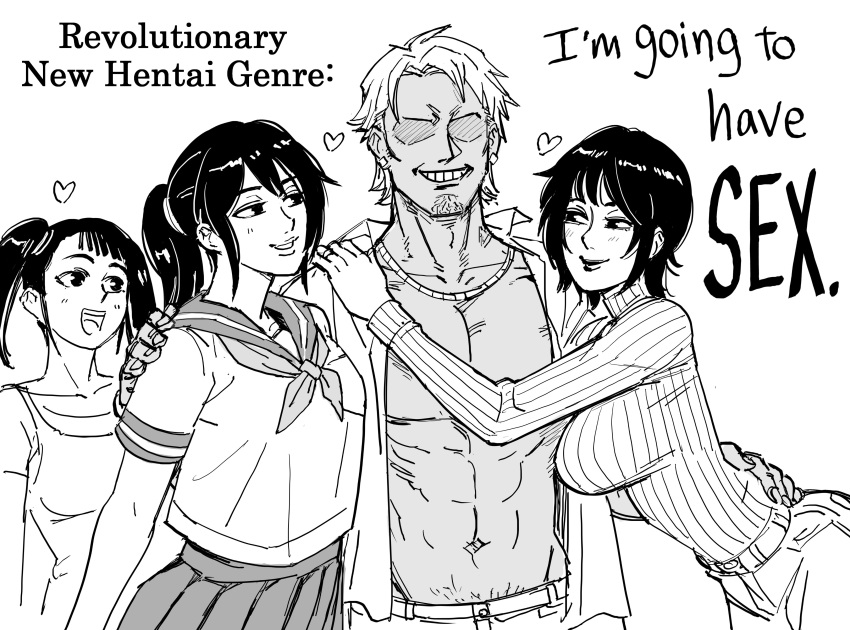 1boy 3girls :d absurdres arm_around_waist arms_around_neck bait_and_switch bb_(baalbuddy) breasts collared_shirt commentary english_commentary english_text faceless faceless_male family greyscale grin gyaruo heart highres hug large_breasts long_sleeves monochrome multiple_girls navel neckerchief open_clothes open_shirt original pleated_skirt ponytail ribbed_sweater school_uniform serafuku shirt short_hair simple_background skirt smile sweater twintails white_background wing_collar