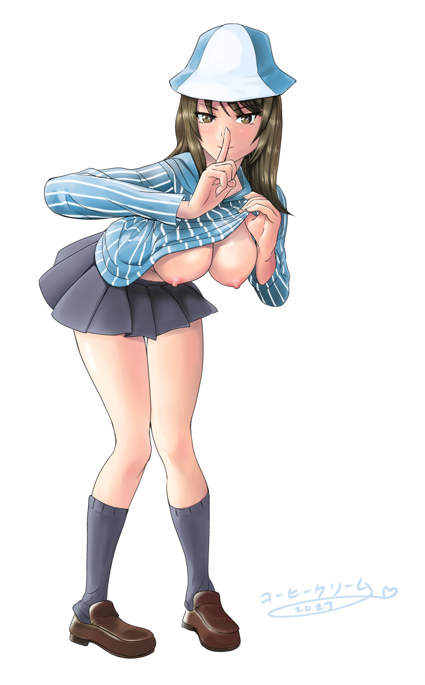1girl absurdres black_socks blush breasts brown_eyes brown_hair closed_mouth clothes_lift finger_to_mouth flower full_body girls_und_panzer highres keizoku_school_uniform koohiikuriimu large_breasts lifted_by_self long_hair looking_at_viewer mika_(girls_und_panzer) miniskirt nipples no_bra school_uniform shirt_lift shushing signature simple_background skirt smile socks solo tulip white_background