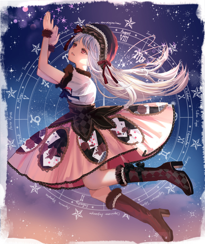 1girl :d beret blurry bokeh boots border calendar_(object) depth_of_field evening floating_hair frilled_skirt frills from_side fur-trimmed_shirt fur_trim hands_up hat high_heel_boots high_heels highres knee_boots komorihikki long_bangs long_hair looking_up night night_sky open_mouth original outdoors pink_skirt playing_card_print pleated_skirt red_eyes red_footwear red_headwear shirt short_sleeves sidelocks skirt sky smile solo straight_hair white_border white_hair white_shirt wrist_cuffs