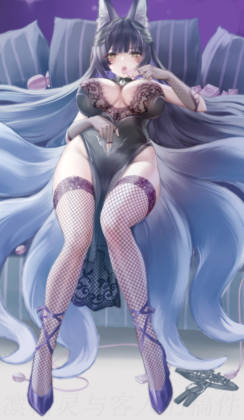 1girl absurdres alternate_costume animal_ear_fluff animal_ears azur_lane black_hair blunt_bangs breasts china_dress chinese_clothes choker cleavage condom dress egg_vibrator elbow_gloves facial_mark fishnet_gloves fishnet_thighhighs fishnets fox_ears fox_girl fox_tail full_body gloves highres hime_cut hitachi_magic_wand holding holding_condom kitsune kyuubi lace-trimmed_dress lace_trim large_breasts lin_jingling long_hair lying multiple_tails musashi_(azur_lane) on_bed open_mouth pelvic_curtain pillow sex_toy tail thighhighs tongue tongue_out vibrator whisker_markings