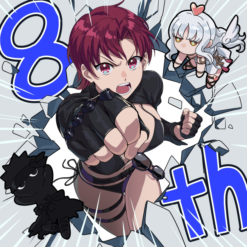 1boy 2girls absurdres angra_mainyu_(fate) applechoc bazett_fraga_mcremitz bikini black_bikini breasts caren_hortensia caren_hortensia_(amor_caren) clenched_hands fate/grand_order fate_(series) fingerless_gloves gloves highres large_breasts mole mole_under_eye multiple_girls punching purple_eyes purple_hair short_hair shrug_(clothing) sunglasses swimsuit through_wall white_hair yellow_eyes