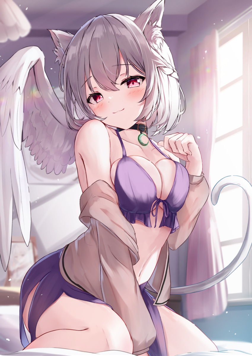 1girl animal_ears blush breasts brown_jacket cat_ears cat_tail cleavage closed_mouth collarbone feathered_wings grey_hair hair_between_eyes highres jacket kishin_sagume large_breasts long_sleeves navel niko_kusa open_clothes open_jacket red_eyes short_hair single_wing solo tail touhou white_wings wings