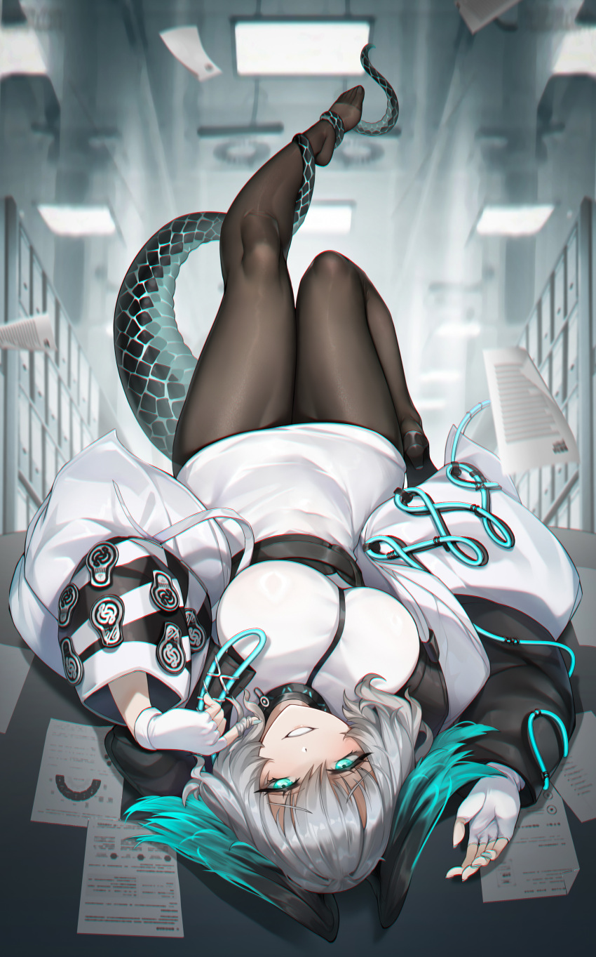 1girl absurdres aqua_eyes arknights belt black_belt black_pantyhose breasts commentary_request dress feet fingerless_gloves gins gloves grey_hair grin hands_up head_wings highres ho'olheyak_(arknights) indoors jacket large_breasts leg_up legs long_sleeves looking_at_viewer lying no_shoes on_back open_clothes open_jacket pantyhose short_hair smile snake_tail solo tail tail_around_own_leg thighs upside-down white_dress white_gloves white_jacket wings