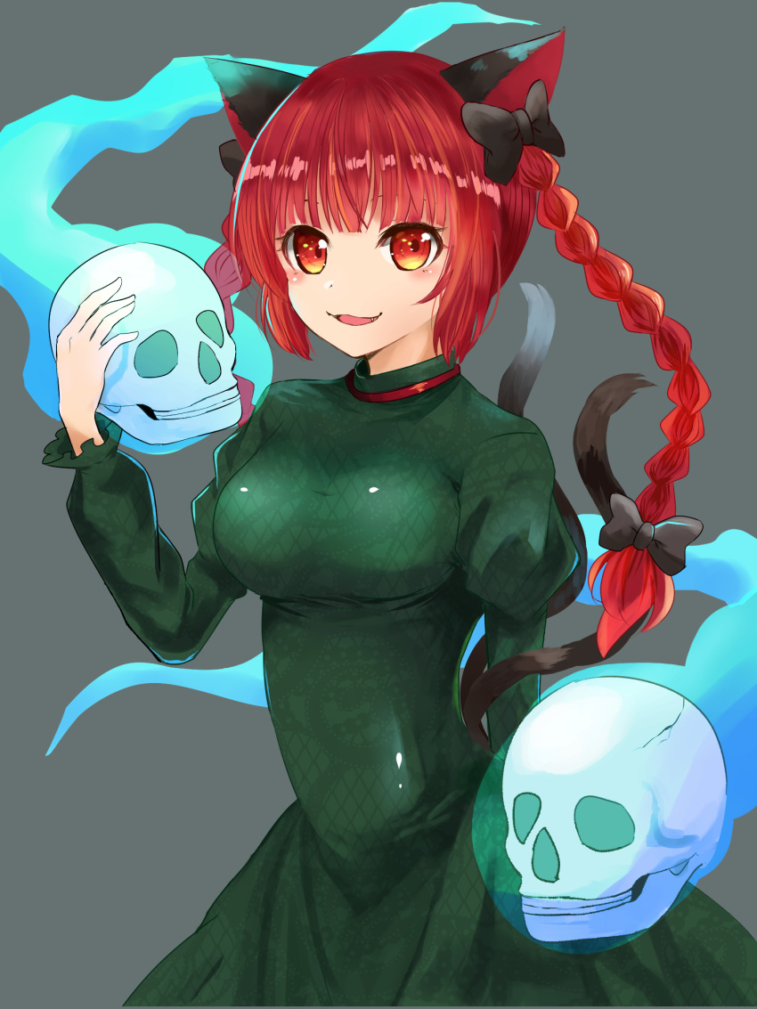 1girl animal_ears black_bow blue_fire blunt_bangs blush bow braid breasts cat_ears dress eyebrows_hidden_by_hair fang fire floating_skull green_dress grey_background hair_bow hand_up highres hitodama inamori_(inari00000) juliet_sleeves kaenbyou_rin long_hair long_sleeves multiple_tails nekomata puffy_sleeves red_eyes red_hair simple_background skull smile solo tail touhou twin_braids two_tails