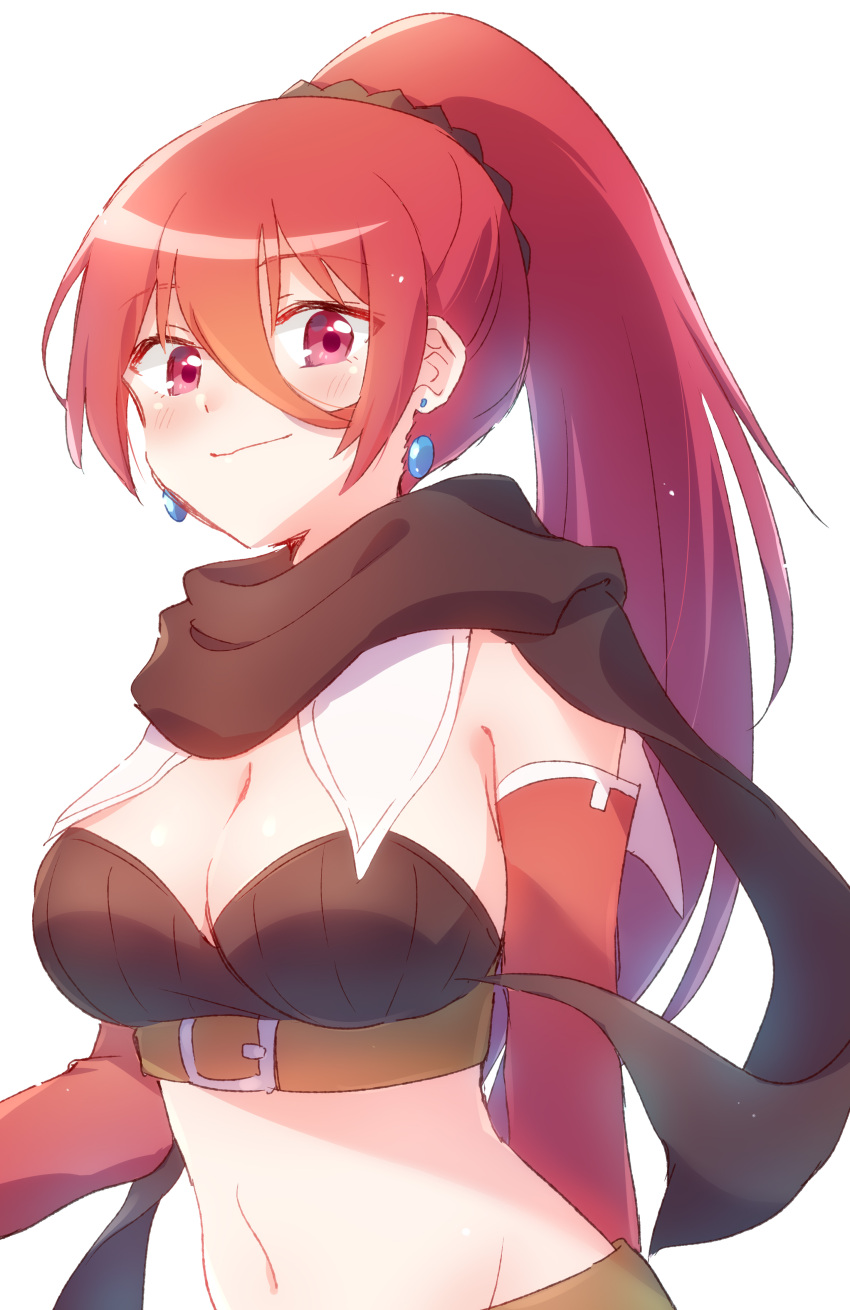 1girl absurdres black_scarf black_scrunchie blush breasts cleavage earrings elbow_gloves gloves hair_ornament hair_scrunchie high_ponytail highres ikusaba_maya isekai_one_turn_kill_nee-san:_ane_douhan_no_isekai_seikatsu_hajimemashita jewelry large_breasts looking_at_viewer navel nyaa_(nnekoron) ponytail red_eyes red_gloves red_hair scarf scrunchie simple_background smile solo stomach upper_body white_background