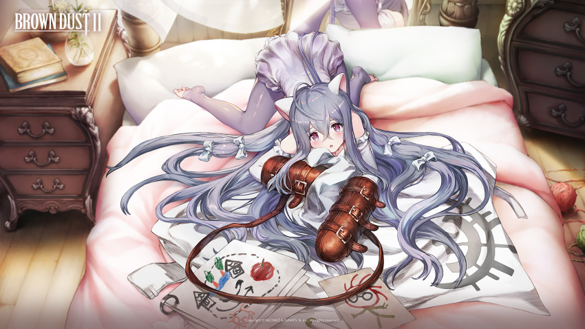 1girl absurdres all_fours animal_ears bare_shoulders book book_stack brown_dust_2 cat_ears cat_girl copyright_name drawing dress from_above full_body grey_hair hair_between_eyes highres long_hair nightstand official_art official_wallpaper on_bed open_mouth pantyhose pillow purple_dress purple_pantyhose rou_(brown_dust) shiny_pantyhose solo very_long_hair