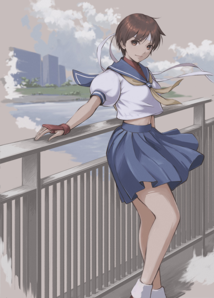 1girl absurdres blue_skirt breasts brown_eyes brown_hair closed_mouth cloud cloudy_sky commentary_request day gloves headband highres kasugano_sakura lips looking_at_viewer medium_breasts midriff navel outdoors pleated_skirt puffy_short_sleeves puffy_sleeves river sailor_collar school_uniform short_hair short_sleeves simple_background skirt sky solo street_fighter street_fighter_zero_(series) tyanoki water white_headband