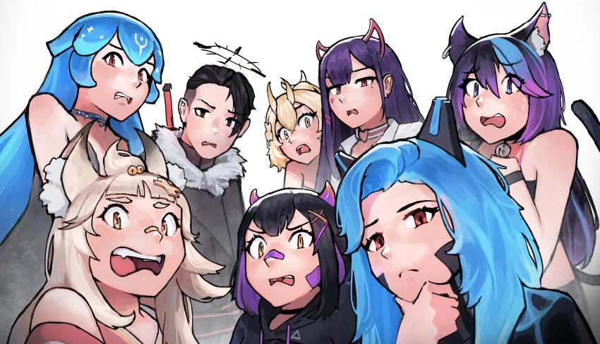 1boy 6+girls absurdres akuma_nihmune animal_ears bandaid bandaid_on_face bandaid_on_nose bao_(vtuber) black_hair blonde_hair blue_hair blunt_bangs cat_ears cat_girl cat_tail choker commentary demon_girl demon_horns english_commentary fox_ears fox_girl hair_between_eyes halo highres horns indie_virtual_youtuber long_hair looking_at_viewer mika_moonlight mole mole_under_eye multiple_girls open_mouth purple_hair rainhoe rpr sanagi_yuzu scarz shirahiko_(vtuber) short_hair simple_background tail teeth tongue virtual_youtuber white_background yellow_eyes zepocketdroid