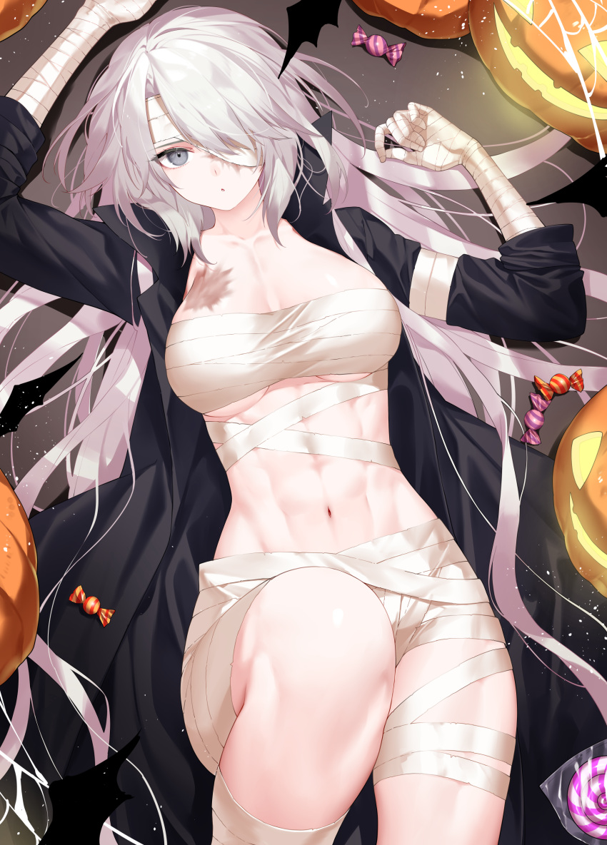 1girl abs absurdres bandaged_arm bandages black_coat blue_eyes breasts burn_scar candy chest_sarashi cleavage coat collarbone commentary_request food hair_between_eyes hair_over_one_eye halloween halloween_costume highres jack-o'-lantern large_breasts lollipop long_hair long_sleeves looking_at_viewer lydia_macarthur lying navel on_back one-eyed open_clothes open_coat original parted_lips sarashi scar scar_on_face sidelocks silk solo spider_web stomach very_long_hair waka_(shark_waka)