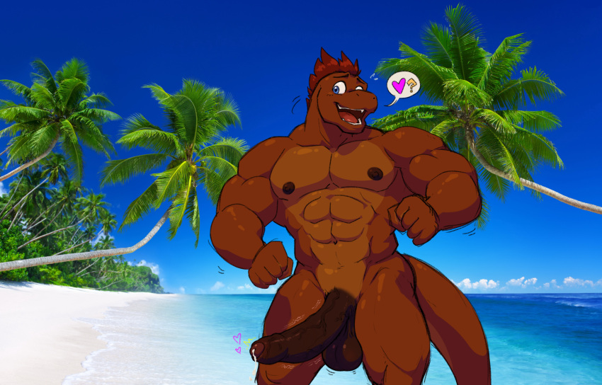 abs anthro areola balls beach big_penis bodily_fluids brown_body coconut_tree countershade_tail countershade_torso countershading dante_(poppin) erection foreskin fruit_tree genital_fluids genitals hi_res humanoid_genitalia humanoid_penis male muscular muscular_anthro muscular_male nipples open_mouth open_smile palm_tree pecs penis photo_background photography_(artwork) plant poppin precum scalie sea seaside smile tail tree vein veiny_penis water