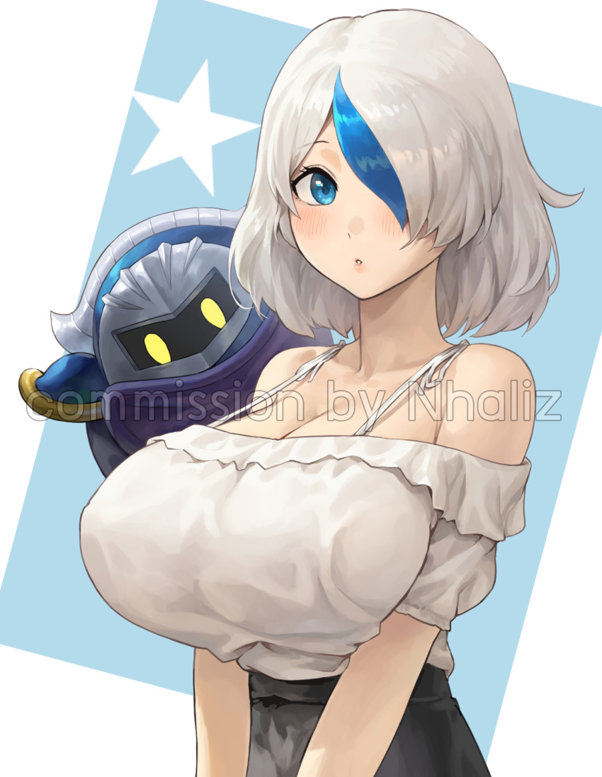 1girl blue_eyes blue_hair blush breasts cleavage commission commission_watermark dima_(mr_december206) hair_over_one_eye highres kirby_(series) large_breasts looking_at_viewer meta_knight multicolored_hair nhaliz off-shoulder_shirt off_shoulder original parted_lips shirt star_(symbol) streaked_hair two-tone_hair upper_body white_hair white_shirt