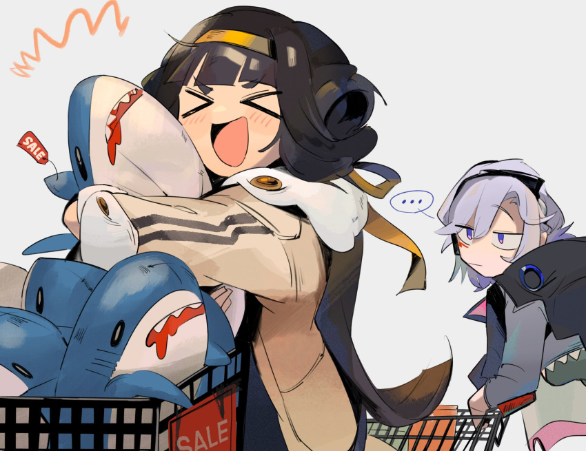 &gt;_&lt; ... 2girls black_hair blush chesed_(uporyz) closed_mouth coat commentary_request facial_mark girls'_frontline grey_hair hairband highres ikea_shark looking_at_another medium_hair multiple_girls object_hug open_mouth orange_hairband purple_eyes qbu-88_(girls'_frontline) sale shopping_cart simple_background sl8_(girls'_frontline) standing stuffed_animal stuffed_shark stuffed_toy upper_body yellow_coat