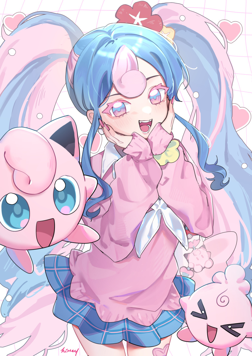 1girl absurdres blue_skirt cardigan earrings fairy_miku_(project_voltage) flower hair_flower hair_ornament hands_on_own_face hatsune_miku heart highres himey igglybuff jewelry jigglypuff long_hair multicolored_hair nail_polish pink_cardigan pink_nails poke_ball pokemon pokemon_(creature) project_voltage scrunchie skirt twintails two-tone_hair very_long_hair vocaloid wrist_scrunchie