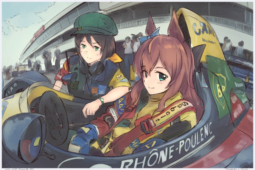 2girls animal_ears balladeluce black_bow black_hair blue_bow blue_shirt bow car cosplay crowd ear_bow eric_bernard eric_bernard_(cosplay) formula_one goodyear green_eyes green_headwear hair_bow hair_ribbon hat hayakawa_tazuna headphones headphones_around_neck highres horse_ears jacket lola_lc89 looking_at_viewer maruzensky_(umamusume) motor_vehicle multiple_girls orange_ribbon race_vehicle racecar racing_suit real_life ribbon seatbelt shirt sitting smile umamusume vehicle_name watch wristwatch yellow_jacket