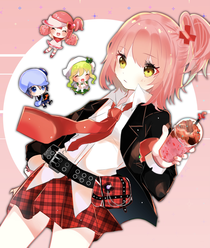 4girls absurdres belt black_belt black_jacket blazer blue_eyes blue_hair blush closed_eyes closed_mouth cup fairy frappuccino green_hair guardian_chara high_ponytail highres hinamori_amu holding holding_cup jacket long_sleeves looking_at_another looking_at_viewer miki_(shugo_chara!) multiple_girls necktie open_mouth pink_hair plaid plaid_skirt ran_(shugo_chara!) red_necktie red_skirt sato_ame_(rabbitcake1024) school_uniform shirt shugo_chara! skirt suu_(shugo_chara!) white_shirt