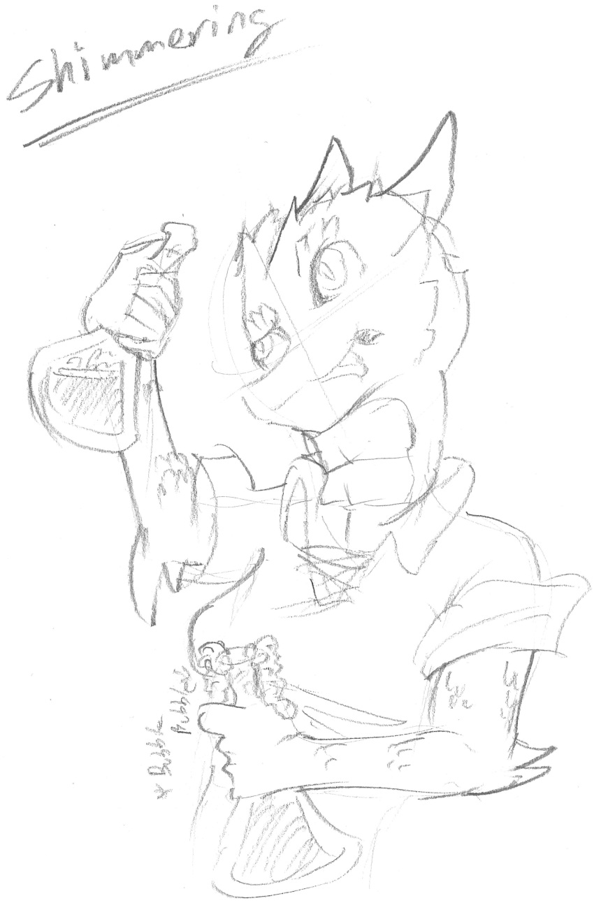 2023 absurd_res alchemist blep breasts bubbling clothed clothing female graphite_(artwork) hi_res holding_flask kobold looking_at_object loskra medium_breasts non-mammal_breasts pencil_(artwork) pupils slit_pupils solo soraime_the_questionable tongue tongue_out traditional_media_(artwork)