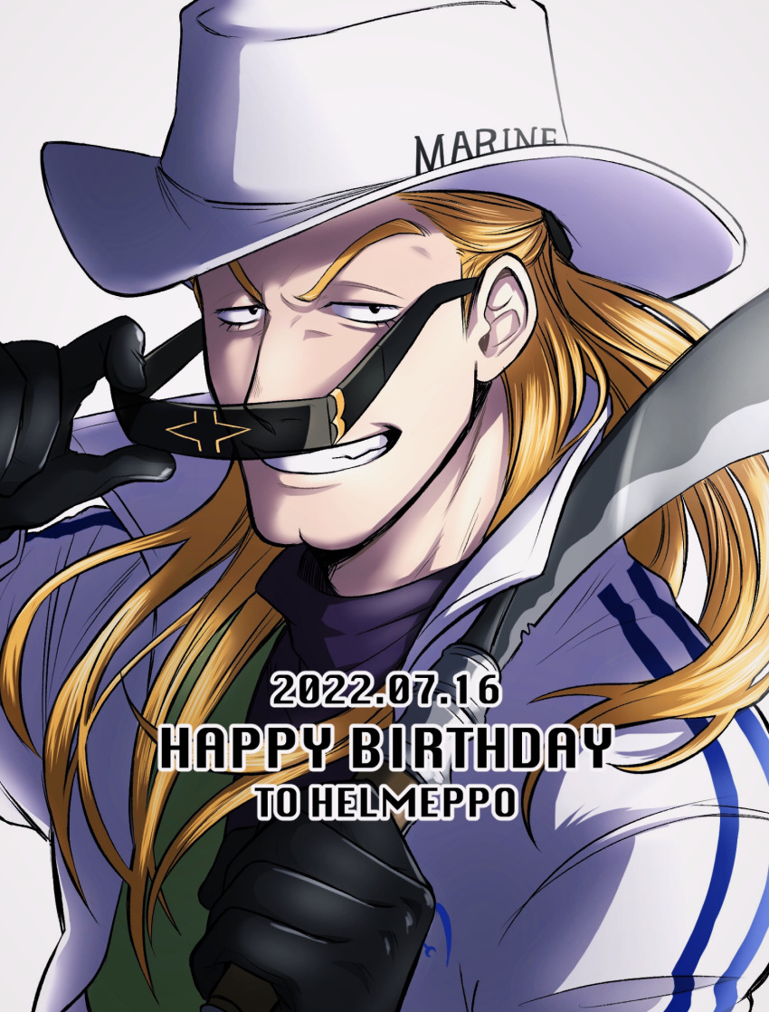 1boy black_gloves blonde_hair character_name cowboy_hat english_text gloves happy_birthday hat helmeppo highres holding holding_knife knife kouteikoku_rk long_hair looking_at_viewer one_piece smile solo sunglasses teeth uniform white_headwear