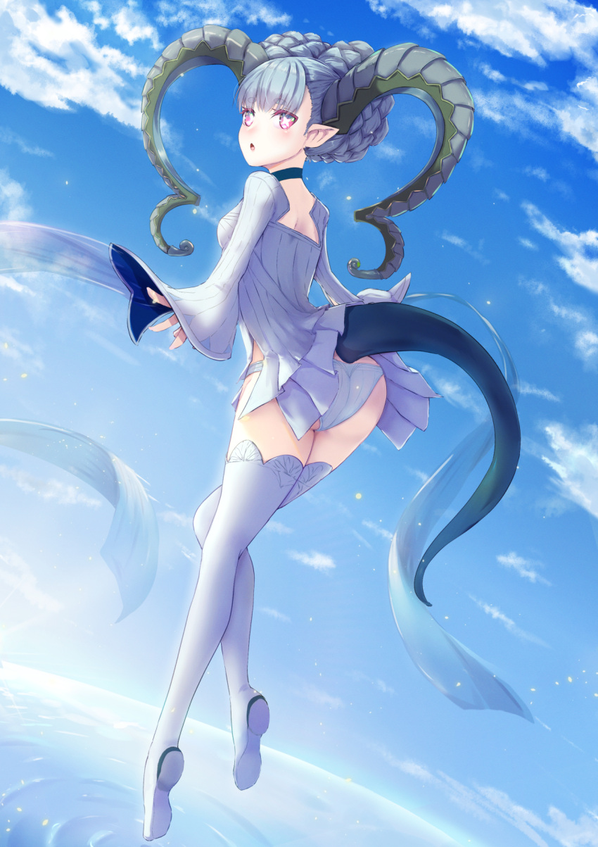 1girl aqua_hair ass blue_sky braid breasts choker crown_braid curled_horns dress fate/grand_order fate_(series) full_body highres horns larva_tiamat_(fate) larva_tiamat_(first_ascension)_(fate) long_hair long_horns long_sleeves looking_at_viewer looking_back okina_(805197) open_mouth panties pink_eyes pointy_ears ribbed_dress ripples sky small_breasts solo symbol-shaped_pupils tail thighhighs tiamat_(fate) underwear water white_dress white_panties white_thighhighs