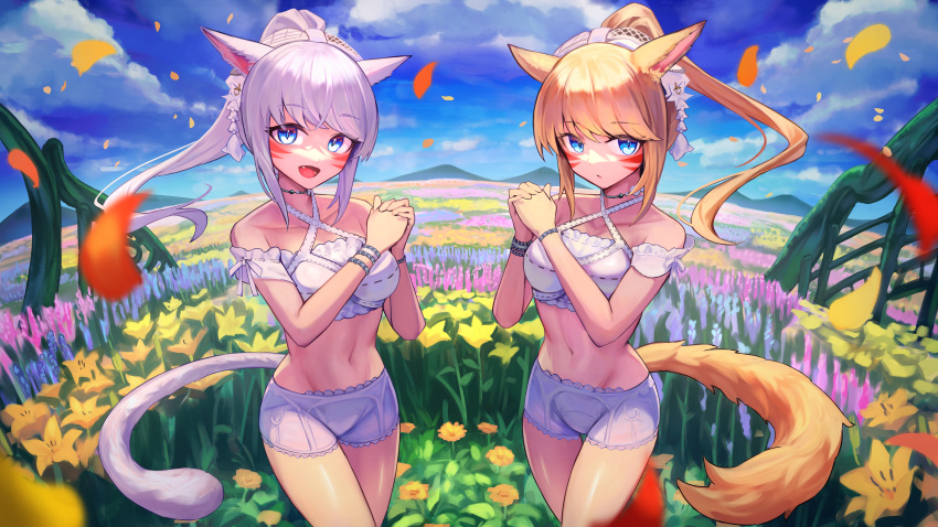 2girls absurdres animal_ears blonde_hair blue_eyes cat_ears cat_girl cat_tail commission facial_mark fang feathers final_fantasy final_fantasy_xiv flower grey_hair hakusyokuto high_ponytail highres long_hair looking_at_viewer miqo'te multiple_girls open_mouth orange_flower outdoors petals pink_flower skeb_commission tail warrior_of_light_(ff14) whisker_markings yellow_feathers yellow_tail