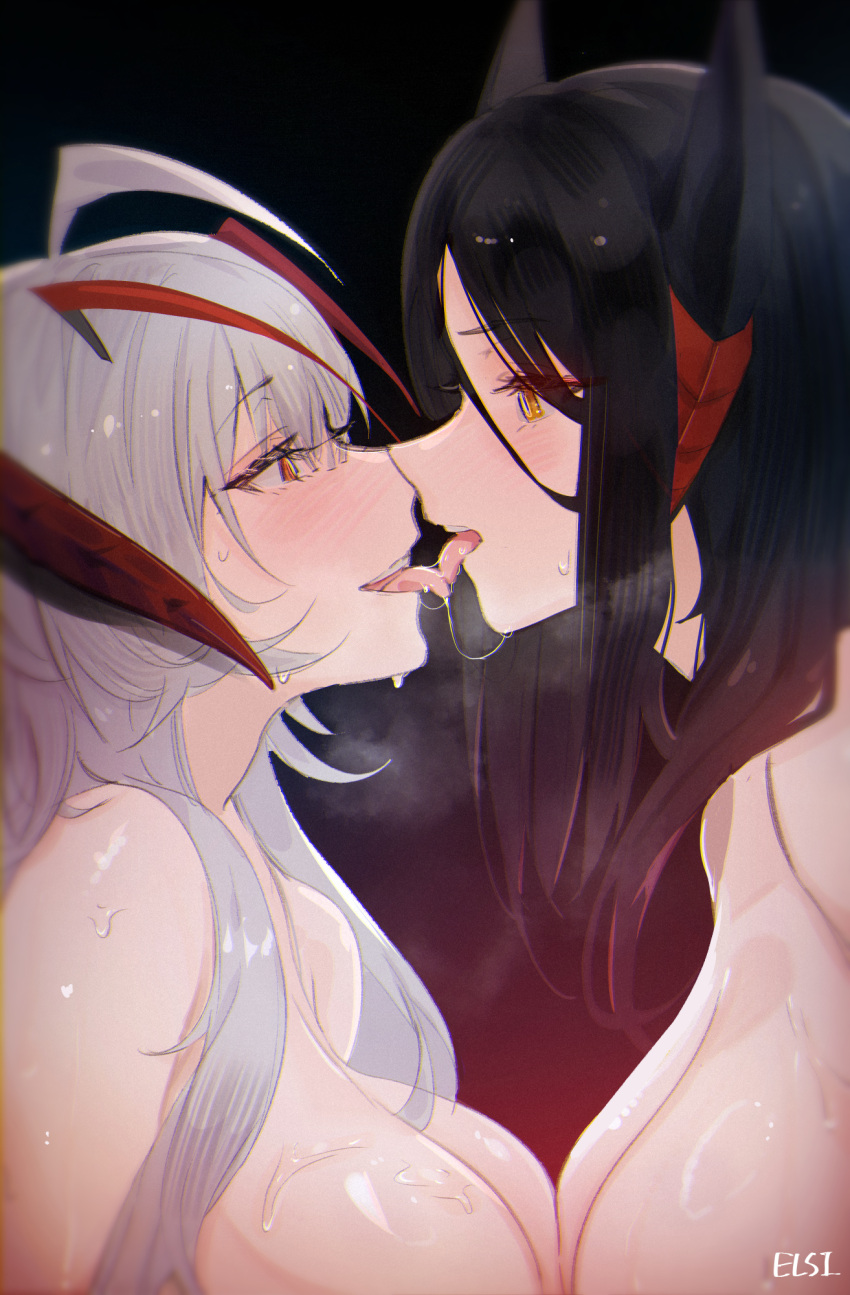 2girls alternate_hair_length alternate_hairstyle antenna_hair arknights black_background black_hair blush breast_press breasts commentary_request completely_nude elsi eye_contact french_kiss from_side gradient_background gradient_hair grey_hair highres horns ines_(arknights) kiss korean_commentary large_breasts looking_at_another multicolored_hair multiple_girls nude open_mouth orange_eyes profile red_background red_eyes red_hair saliva saliva_trail steaming_body symmetrical_docking two-tone_hair upper_body w_(arknights) yuri
