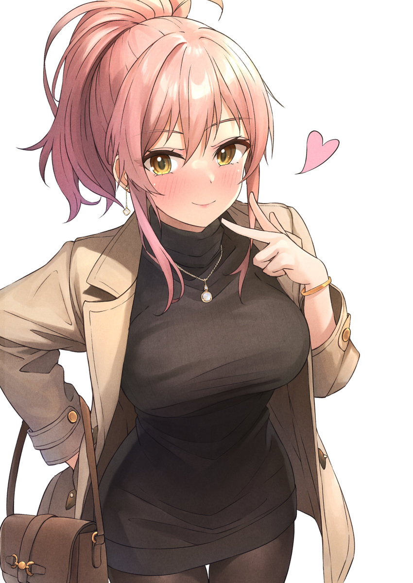 1girl absurdres b1ack_illust bag black_sweater blush breasts brown_coat coat hair_between_eyes handbag highres idolmaster idolmaster_cinderella_girls jewelry jougasaki_mika looking_at_viewer medium_breasts pink_hair ponytail smile solo sweater turtleneck turtleneck_sweater v yellow_eyes