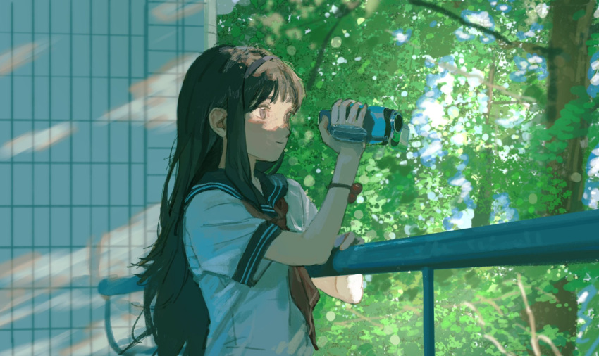 1girl black_hairband camera cardcaptor_sakura closed_mouth daidouji_tomoyo hairband highres holding holding_camera light_smile ling5707 outdoors red_ribbon ribbon school_uniform solo tree wall