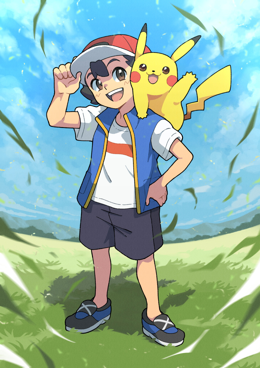 1boy :d absurdres ash_ketchum black_hair brown_eyes cloud commentary_request day falling_leaves grass hand_on_headwear hand_on_hip hand_up hat highres leaf male_focus nakachiruno open_mouth outdoors pikachu pokemon pokemon_(anime) pokemon_(creature) pokemon_journeys red_headwear shirt shoes short_hair short_sleeves shorts sky smile standing t-shirt teeth tongue upper_teeth_only white_shirt