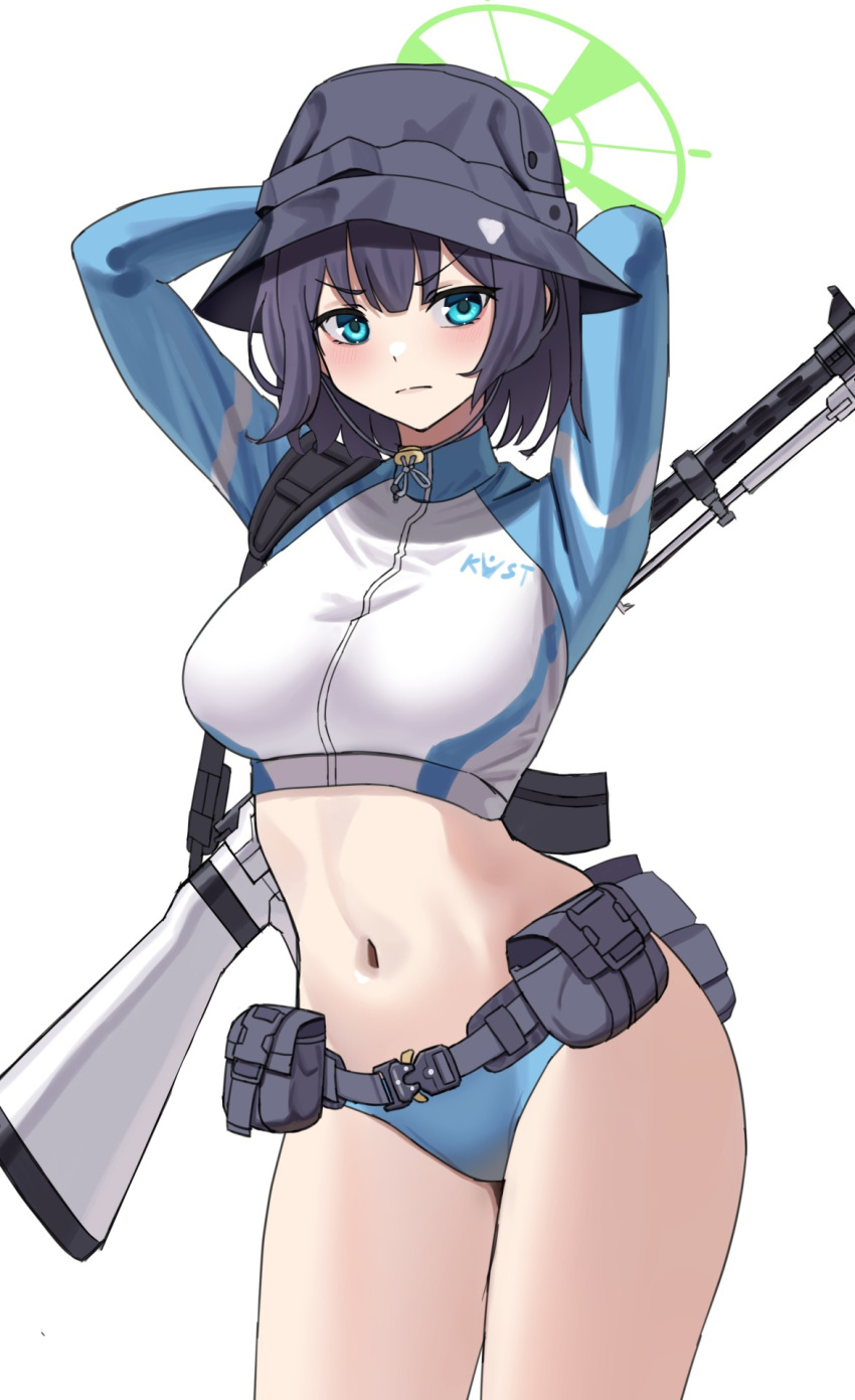 1girl ammunition_pouch arm_behind_head belt bikini bikini_bottom_only black_hair blue_archive breasts bucket_hat commentary_request expressionless fujisawa_sorao green_eyes gun halo hat highres lahti-saloranta_m/26 large_breasts long_sleeves looking_at_viewer navel official_alternate_costume pouch raglan_sleeves saki_(blue_archive) saki_(swimsuit)_(blue_archive) short_hair simple_background solo swimsuit weapon weapon_on_back white_background