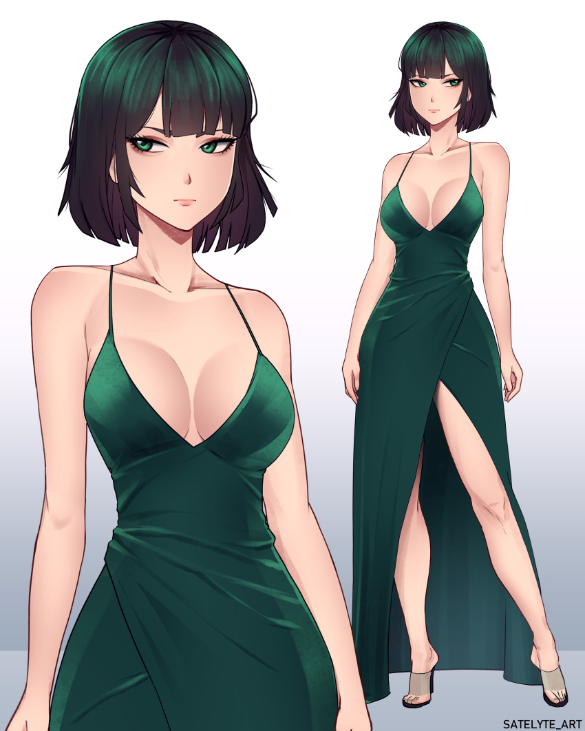 1girl absurdres bare_shoulders breasts collarbone contrapposto dress fubuki_(one-punch_man) gown green_dress green_eyes green_hair high_heels highres large_breasts multiple_views one-punch_man satelyte short_hair slippers spaghetti_strap standing