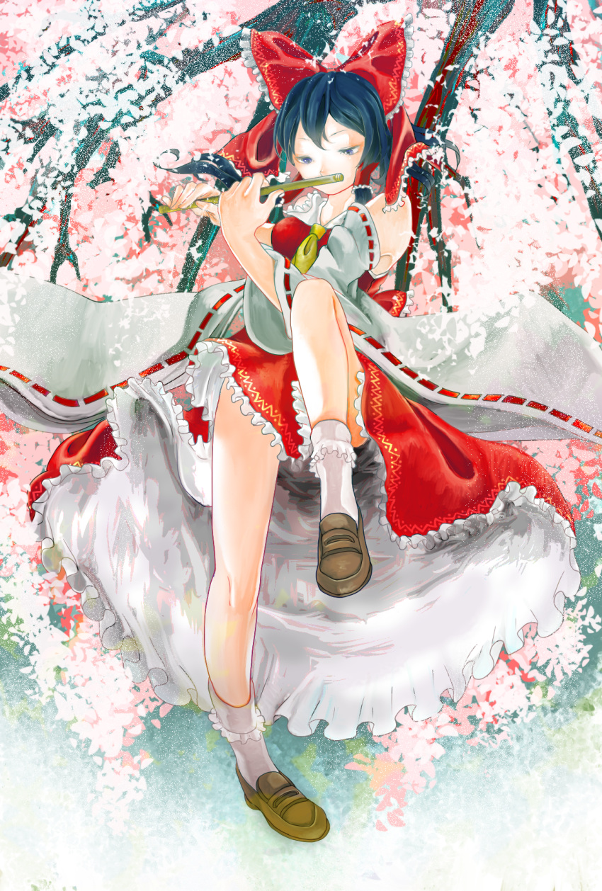 1girl ascot bare_shoulders black_hair bobby_socks bow breasts brown_footwear cherry_blossoms detached_sleeves frilled_bow frilled_hair_tubes frilled_skirt frilled_socks frills full_body hair_bow hair_tubes hakurei_reimu highres instrument medium_hair mgmg music playing_flute playing_instrument red_bow red_ribbon red_shirt red_skirt ribbon ribbon-trimmed_sleeves ribbon_trim shirt skirt sleeveless sleeveless_shirt small_breasts socks solo touhou white_socks wide_sleeves yellow_ascot