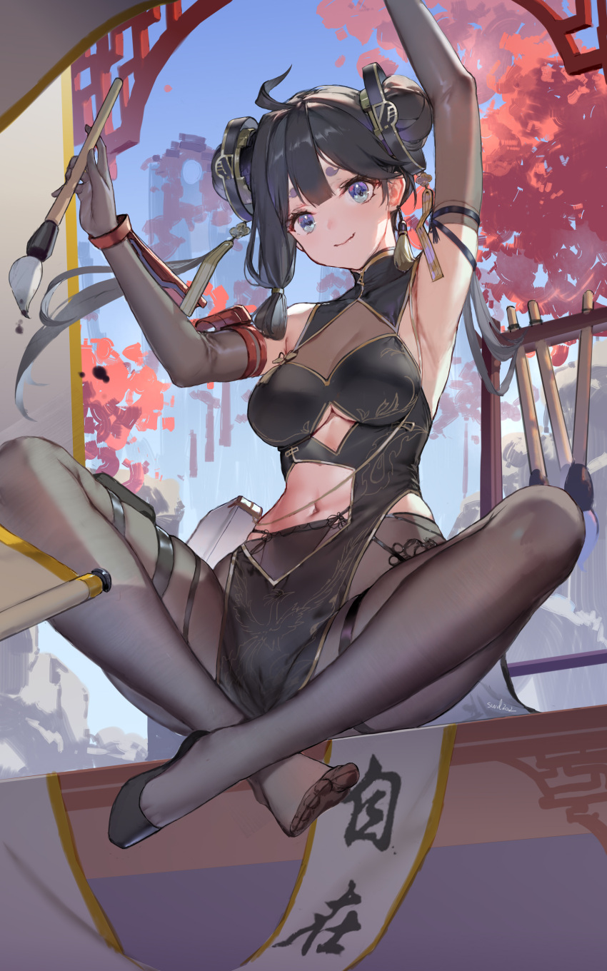 1girl absurdres arm_up armpits black_dress black_gloves black_hair blue_eyes breasts character_request china_dress chinese_clothes closed_mouth commentary_request double_bun dress elbow_gloves full_body gloves hair_bun hair_ornament highres holding_calligraphy_brush large_breasts long_hair looking_at_viewer navel sitting smile solo swd3e2 thighs tower_of_fantasy