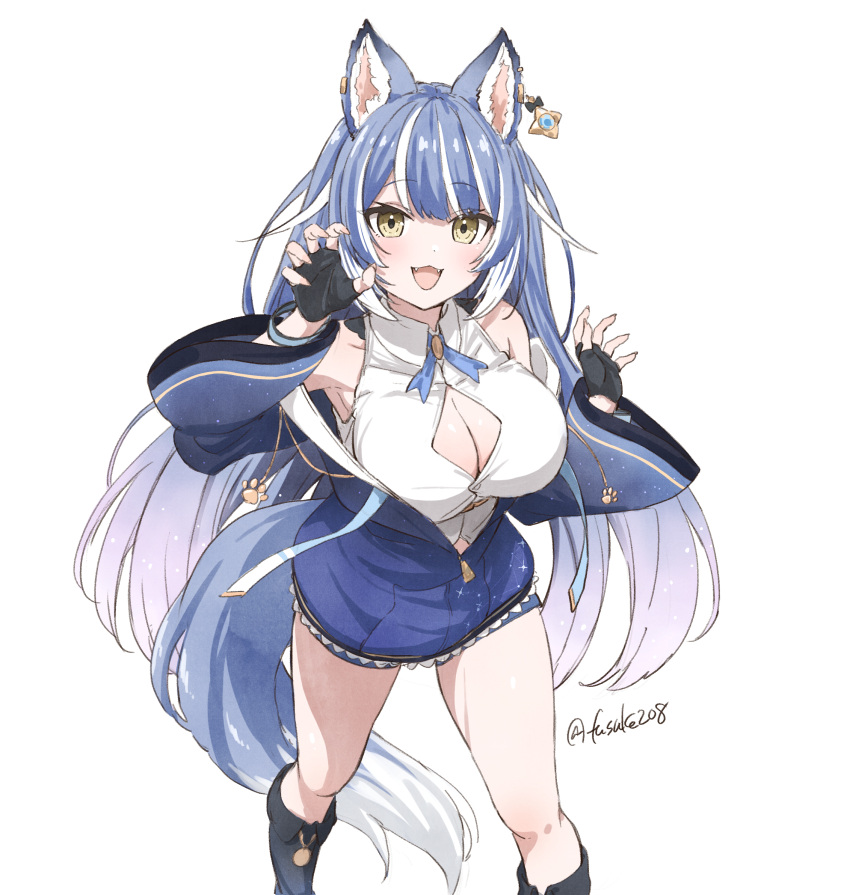 1girl :3 :d animal_ear_fluff animal_ears bare_shoulders black_footwear black_gloves blue_hair blue_jacket blue_shorts boots breasts claw_pose cleavage cleavage_cutout clothing_cutout ear_piercing fangs fuusuke_(fusuke208) gloves highres jacket long_hair long_sleeves looking_at_viewer off_shoulder piercing shirt short_shorts shorts simple_background sirius_ururu sleeveless sleeveless_shirt smile solo star_ring_vpro swept_bangs tail twitter_username very_long_hair virtual_youtuber white_background white_hair white_shirt wide_sleeves wolf_ears wolf_girl wolf_tail yellow_eyes