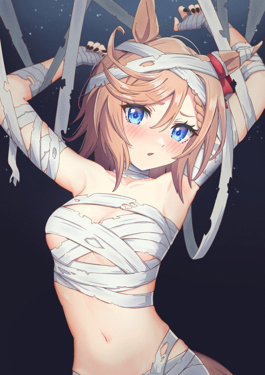 alternate_costume animal_ears armpits arms_up bandages blue_eyes breasts chahanramen cleavage commentary_request hair_between_eyes hair_ornament highres horse_ears horse_girl horse_tail light_brown_hair looking_at_viewer medium_breasts medium_hair mummy_costume navel open_mouth tail umamusume venus_park_(umamusume)