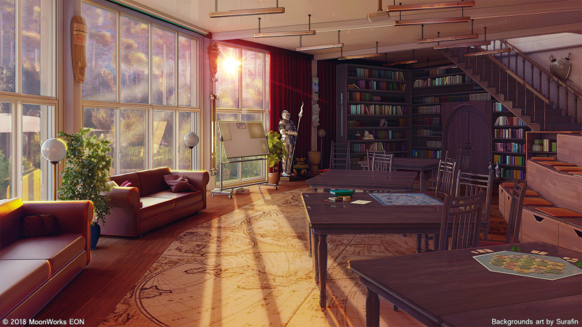 3d bookshelf bush cabinet carpet ceiling ceiling_light chair coat_of_arms couch curtains day door grass highres indoors interior lamp mask original plant potted_plant scenery shadow stairs sunlight sunset surafin sword table tree weapon whiteboard window window_shade wooden_floor